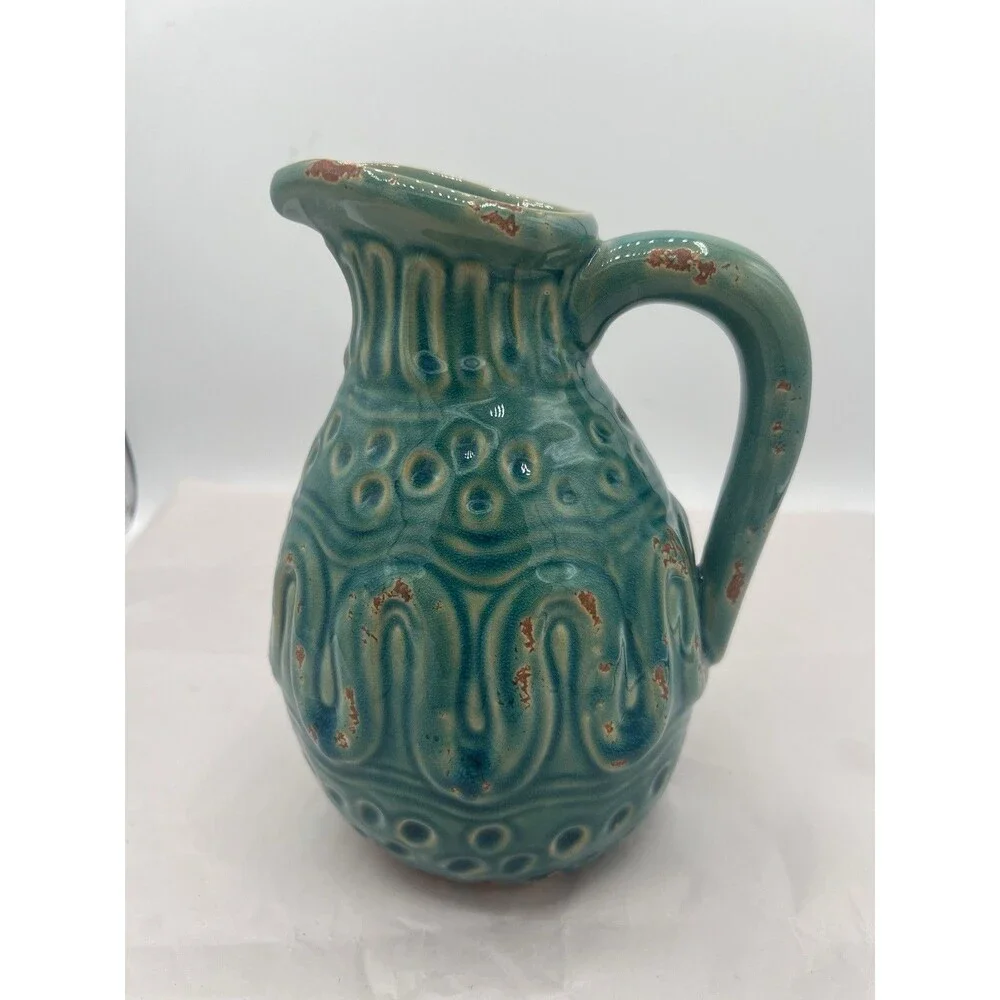 Turquoise Blue Creamer Pitcher Textured 8”